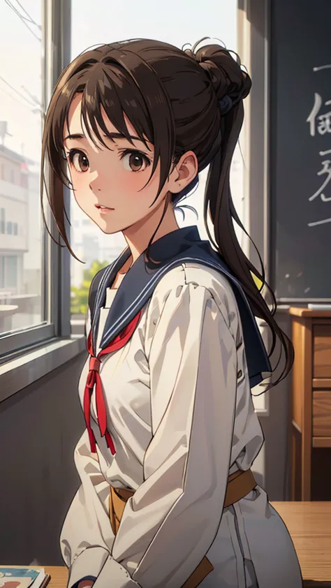 ((best quality)), ((masterpiece)), ( details), A highly detailed and realistic digital painting of a young Japanese schoolgirl with soft, delicate features. She has large, expressive brown eyes and natural, slightly parted lips, giving her an innocent and ...