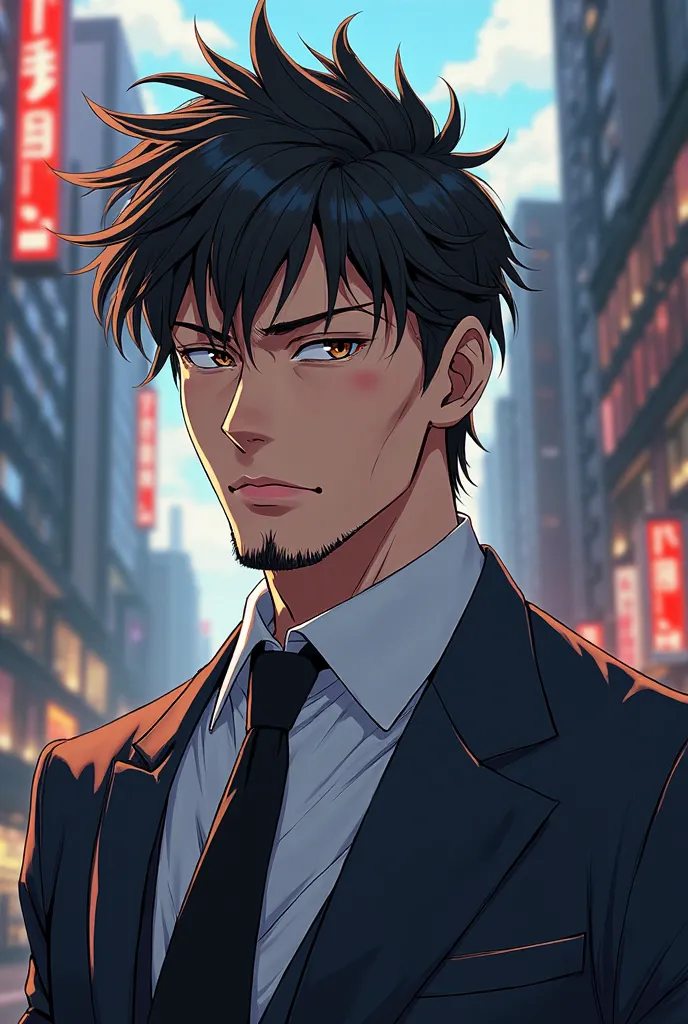 Create anime version of a character with big black hair brown eyes goatee with a suit 