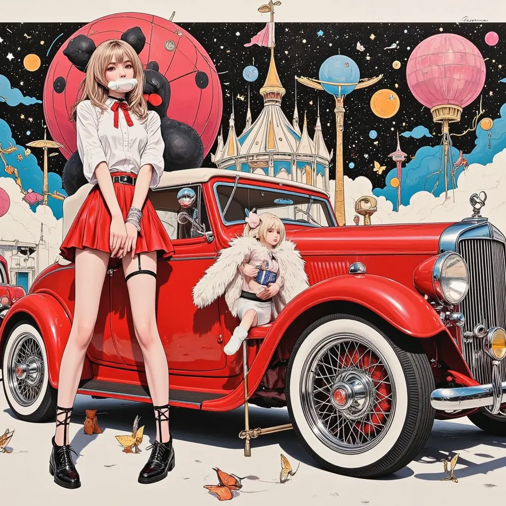 Circus,She is holding a chocolate penis vibrator in her mouth、robot girl,Avant-garde painting, , Andy Warhol,white panty, Japanese school girl, white vibrator, Hans Bellmer, ball-jointed dolls, brown hair, gothic lolita fashion, black space cars, 2020s fas...