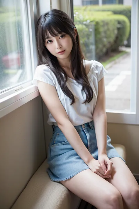 A Japanese model wearing a pastel blue shirt and white miniskirt is sitting by the window and posing、semi-long black hair、Neat and beautiful Japanese idol、looking at camera、 beautiful eyes down to the smallest detail 、 cute smile、 Gentle and gentle express...