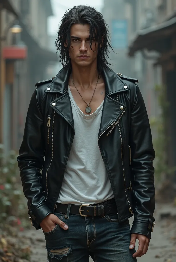 Make a young age man inspired by the wolf series Make the young man with long black hair tied behind wearing a black leather jacket white v-neck shirt jeans and bright yellow eyes 