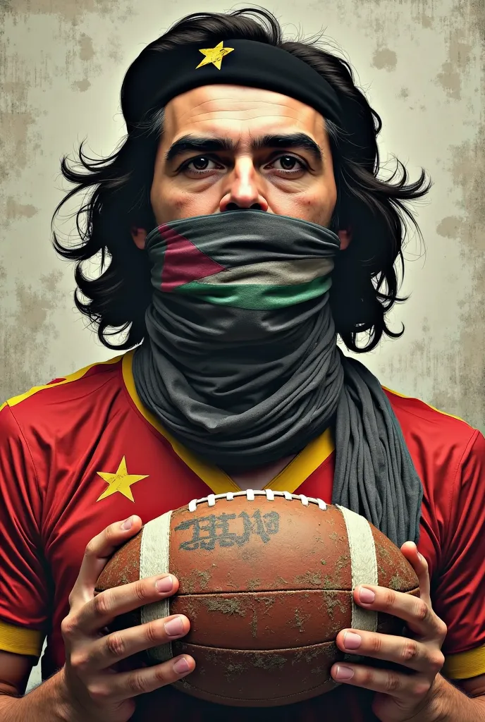 che guevara Masked with Palestinian keffiyeh and holding an old football wearing a red and yellow football shirt 