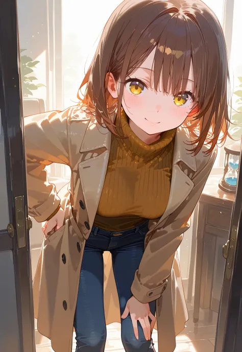 girl, long brown hair, yellow amber eyes, wearing brown turtleneck, trench coat, jeans, leaning forward, hourglass figure