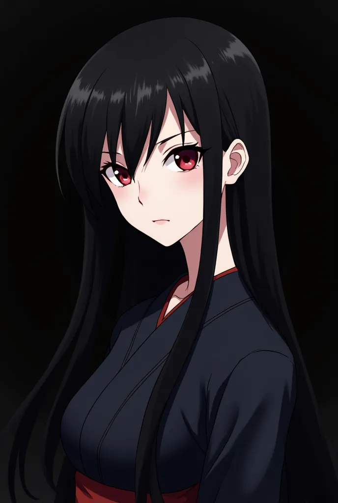 A anime style woman. Has long black hair, pale skin, dark red eyes and slit pupils. Has a serious expression. Wears a dark black kimono