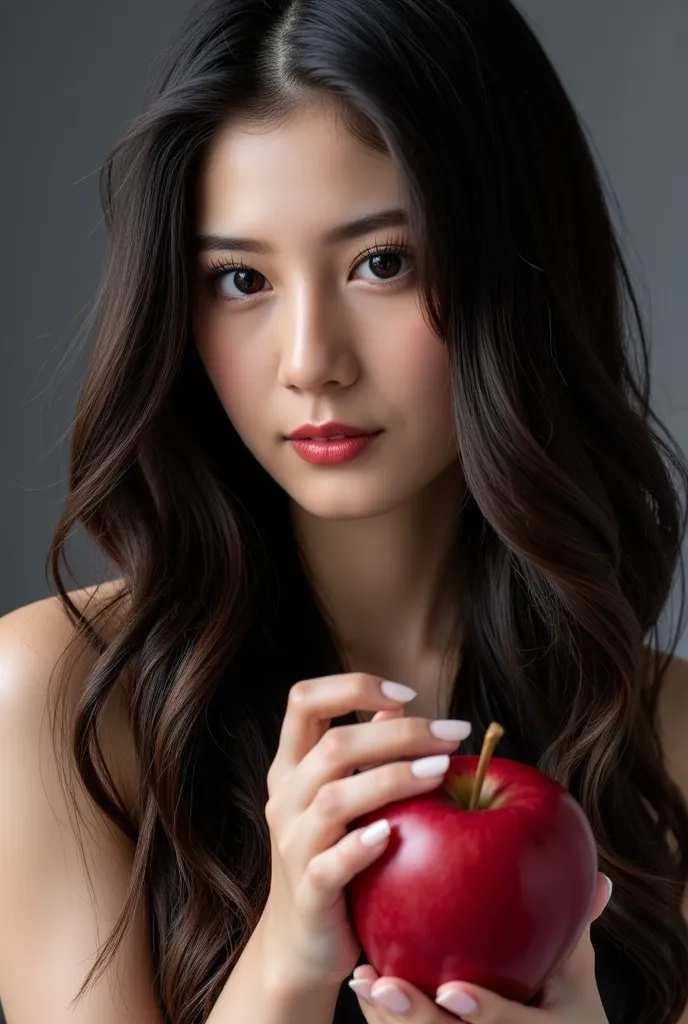 mature woman、,long black hair，Black Queen ，accessories，Apple in hand ，Poisoned Apple，Queen ，red lipstick