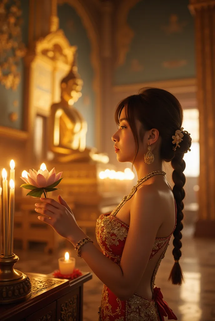 A stunningly beautiful young woman resembling Aerith Gainsborough, a character from Final Fantasy VII Remake, with chestnut brown hair styled in a braided ponytail with bangs. She is wearing an elegant traditional Thai dress with intricate gold embroidery....