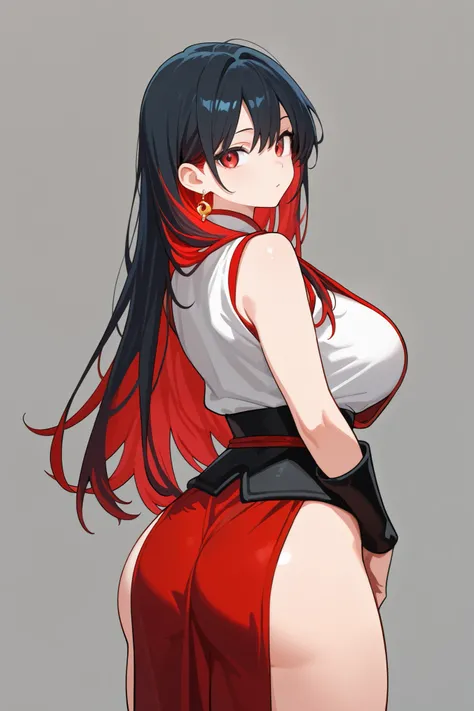 1 girl, Hair length reaches the back, Black hair with some red hair on the edges., red eyes, but not bright, curvy body, wear a sexy samurai outfit, หน้าอกไซส์ปานกลาง, have a golden earrings