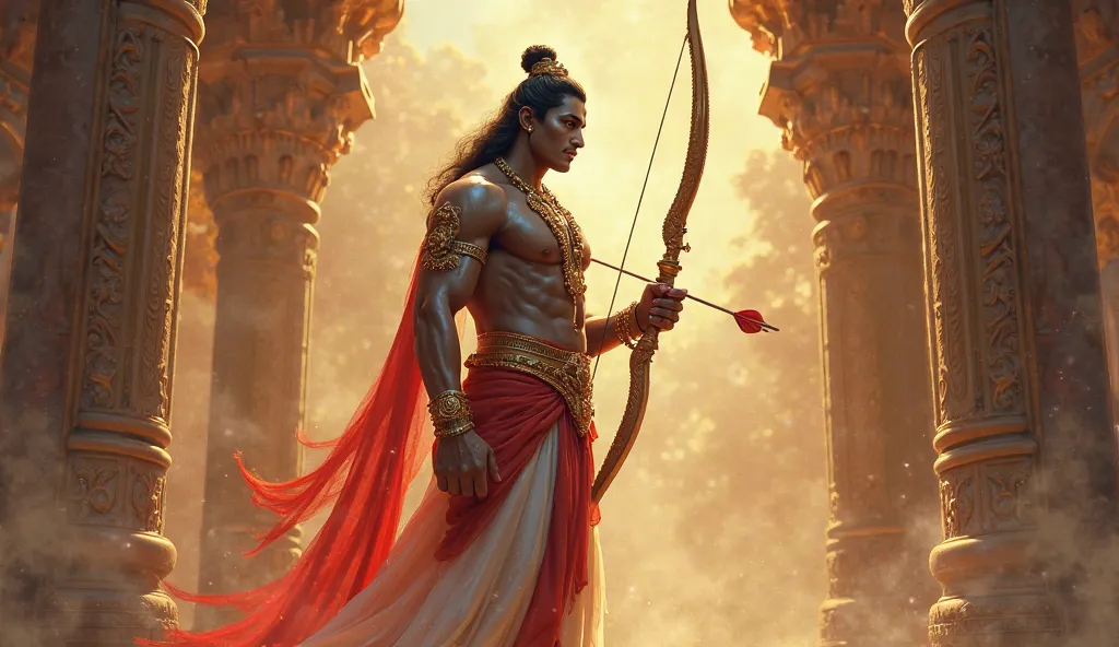 create image of god shree ram , ram holding a dhanush in hand and in another hand holding arrow