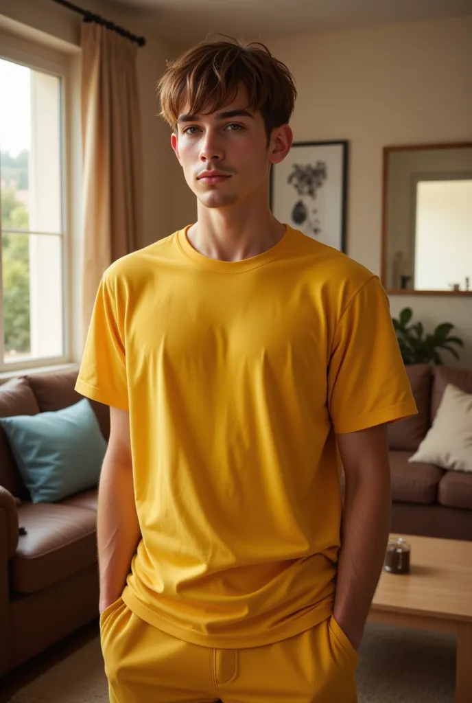 ((RAW Photo), absurd, (absurdresolution)), (Realistic) masterpiece, best quality, (Extremely detailed 8k unity CG wallpaper), (best illustration), (best shadow), Realistic lighting, beautiful detailed glow, ((21 years old)), man in yellow shirt, posing for...