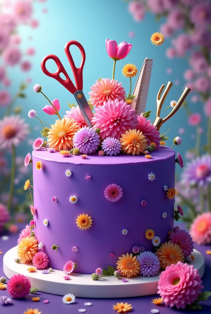 Purple cake with flowers , with scissors ,Blower and comb
