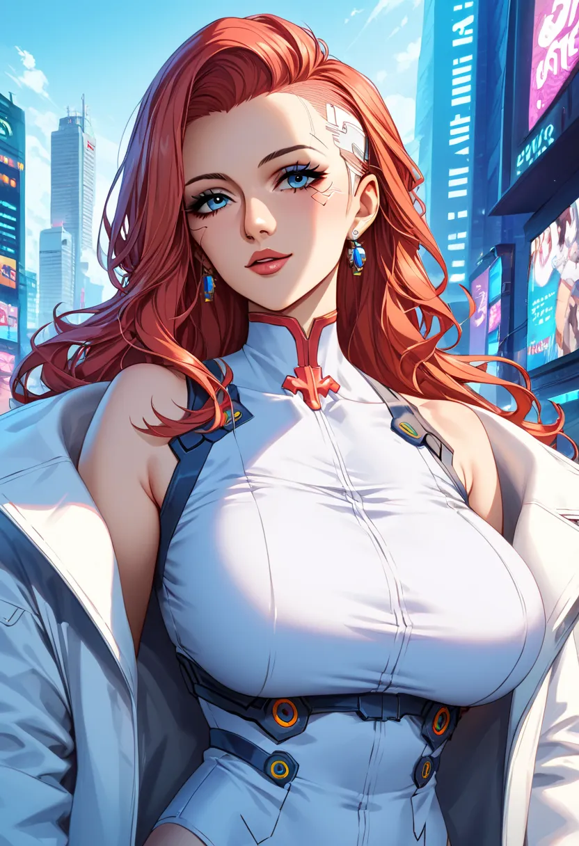 score_9, score_8, score_7,  score_You are source   _     anime, 1mature_FE,    a woman, Scarlet hair, blue eyes, white shirt,  white jacket, falda blanca,  white network media, Cyberpunk city background, cuerpo perFEcto,     erotic anatomy    , anatomía pe...