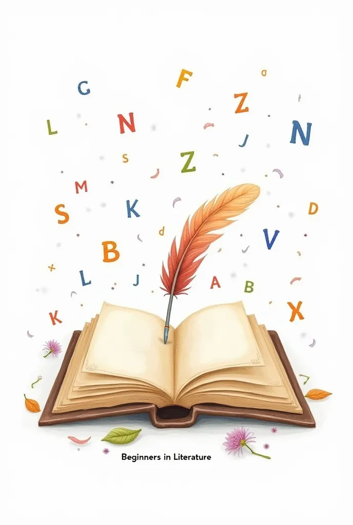 Bubu Draw an open book illustration with a quill and ink pen on it.  Around the book and pen, add floating letters of the alphabet, a few fallen leaves, and small flowers.  Use soft and colorful watercolor style.   add text  "SCRIBBLE BEGINNERS IN LITERATU...