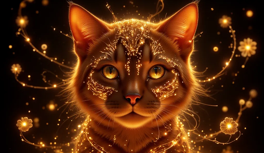 Art nouveau style portrait of a majestic golden cat with jewel-like luminous eyes against a dark shadowy background, intricate golden spirals and floral motifs flowing around the feline like light trails, shallow depth of field with subtle bokeh effects en...