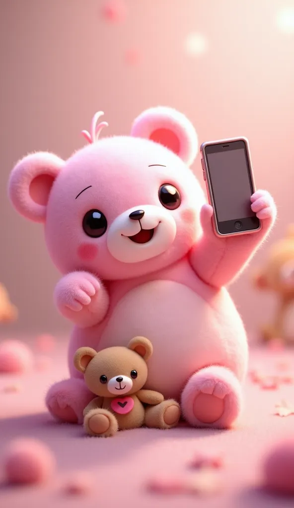 cute tiny  flobblecranium  pink character holding a phone with a teddy bear and taking a selfie,cute face and hand expression