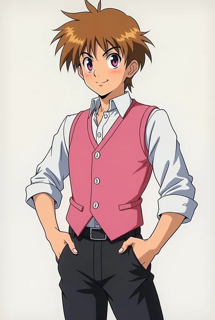 by Ken Sugimori, sugimori 1990s, ((only 1 man)), seventeen years old, light brown hair, purple eyes, wearing black slacks and a pink vest, manga, best quality, highly detailed, clean lines, cowboy shot, good hands, good eyes, hd, 8k, professional, symmetri...