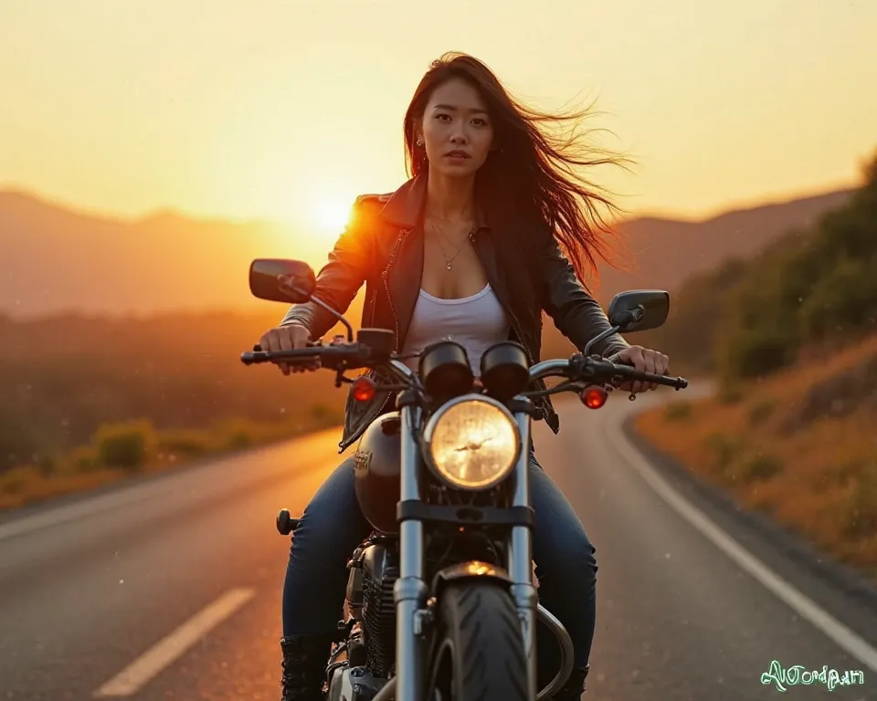 "A sexy Japanese woman with a confident expression rides a motorcycle along a scenic rural highway. She wears a stylish leather jacket, tight jeans, and high boots, with her long hair flowing in the wind. The sun sets in the background, casting a warm gold...