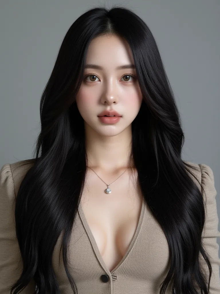 A girl, Korean, wave long hair,  long hair, cowboy shot, 8K octagon rendering, Hair model, gray tile, Beautiful expressions,  Natural pose ,  delicate skin texture ,  rich texture , bright makeup, HDR,UHD,studio lighting,extreme detail,Professional level,v...