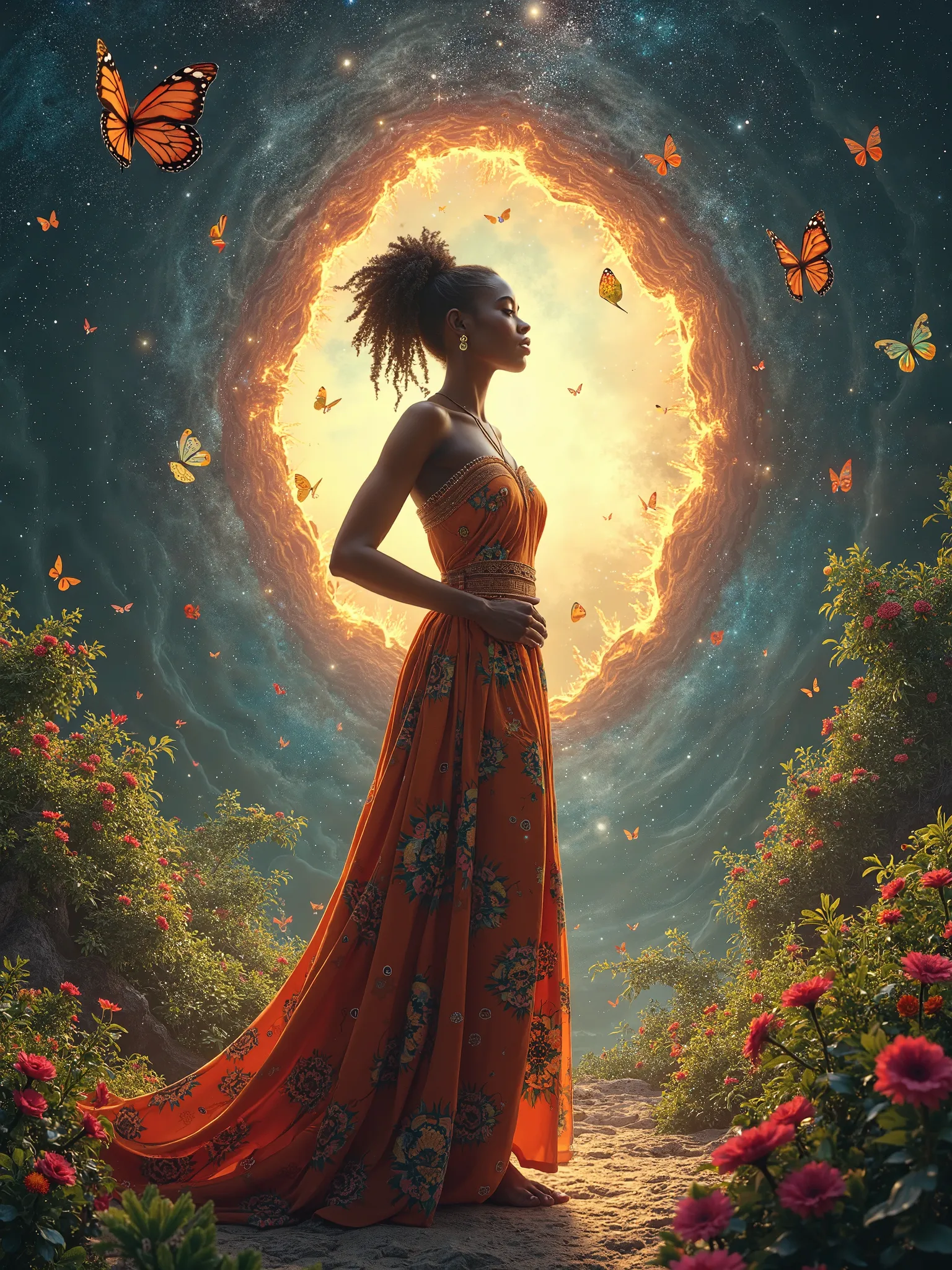 close up shot of  a black woman dressed in african designed clothes, tearing space to reveal a portal the front side showcasing stars and milky way while in the background inside the portal we witness a beautiful garden with birds, butterflies and sunrise ...