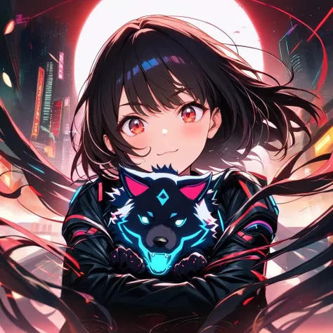 complicated、Super Detail、100 layers 、Amazing Khaki Quality、 excellent、{{{{super high resolution}}}}、{{{Hi-Def Anime}}},、,best quality, very aesthetic, ultra-detailed, best illustration,best quality, 、is young、Cyberpunk futuristic city、 black hair、A cute fe...