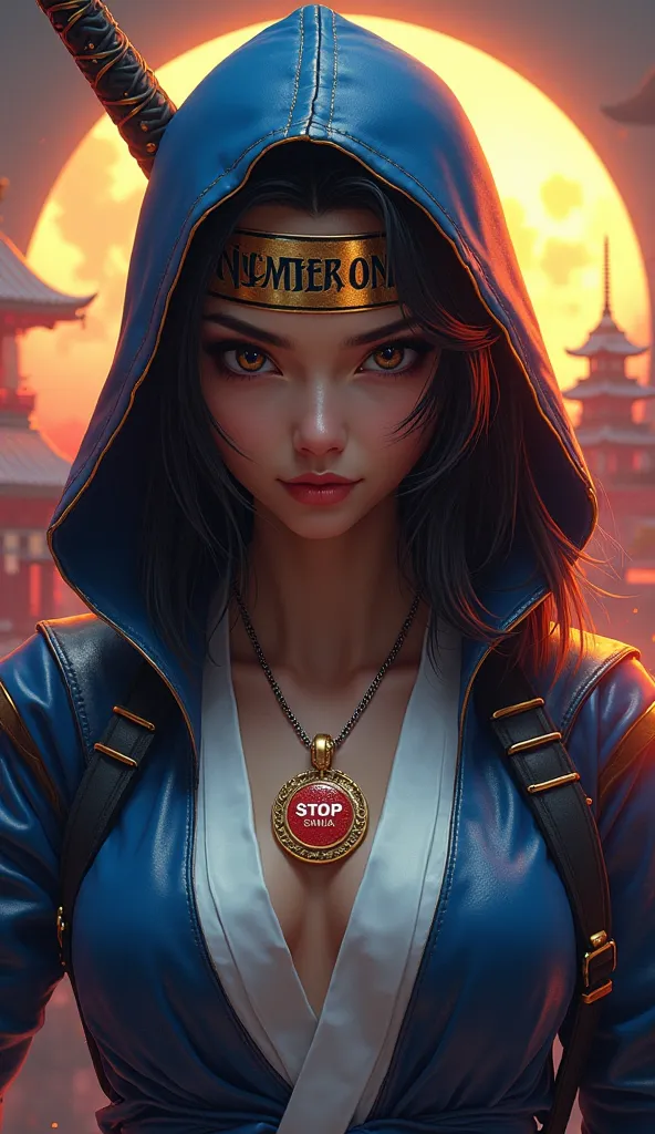  A mysterious ninja haired and dark haired hyperreal female version
 beautiful and sensual face penetrating eyes brown eyes and has a headband on the gold forehead that says Number One in black letters and has a blue hood and attractive with a modern and s...