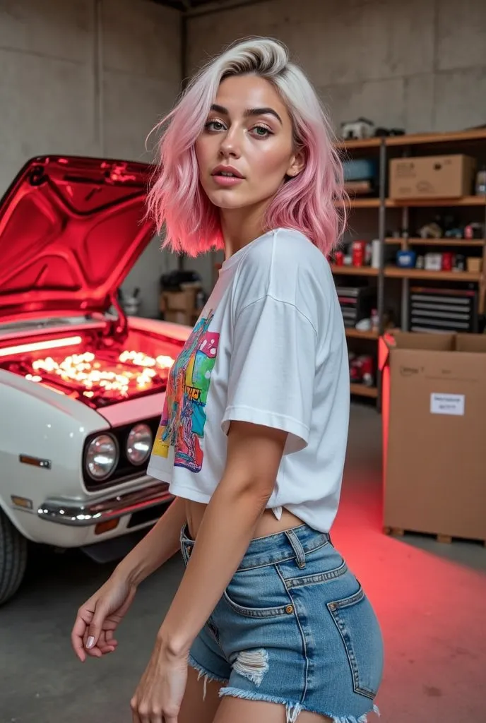 (RAW photo, close-up de Ava,  21 years old, In a garage, displaying a Fun and energetic scene, with an open cardboard box and red LED lights coming out of it).
[“Guenora"]
(white skin,  elongated face, green and round eyes, Thin, straight nose ,  large, pi...