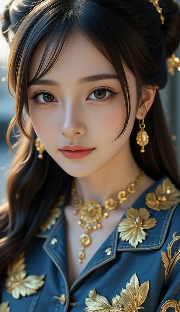 real image like the photo、８ｋ、 Yuan、 full body image、background、 Suspended Eyes、A woman with an innocent expression that leaves the vibe of a girl、 Gold、long hair caught in a hole、 blue eyeshadow、Cheek、lipstick、mascara、eyebrow、Top and bottom denim、Full Body...