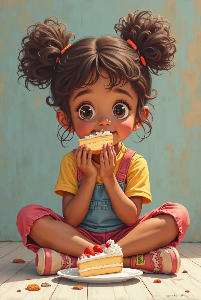  girl sitting on the floor, of brown skin color with brown hair tied up in clumps, sitting on the floor eating cake on a plate, wearing colorful clothes