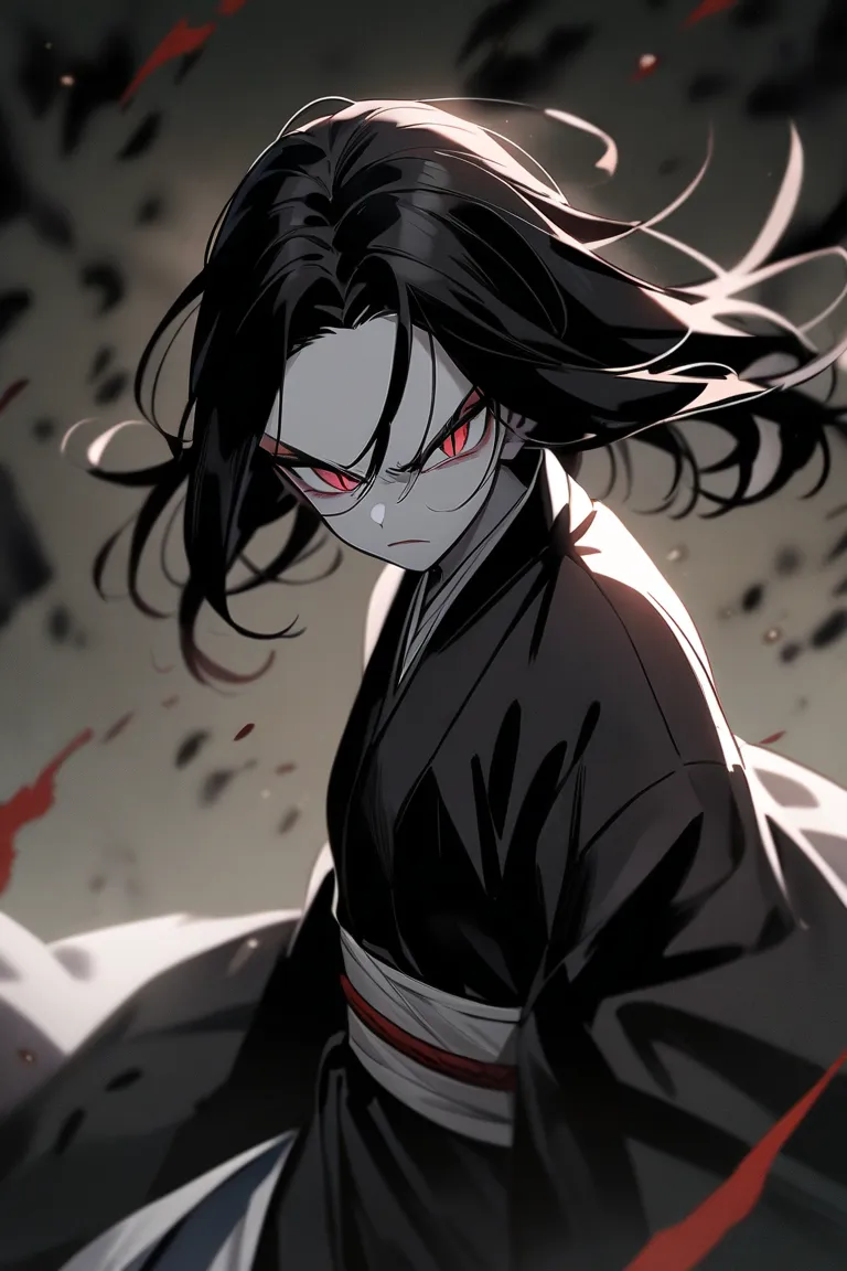 A demon slayer anime style woman. Has long black hair, pale skin, dark red eyes and slit pupils. Has a serious expression. Wears a dark black kimono