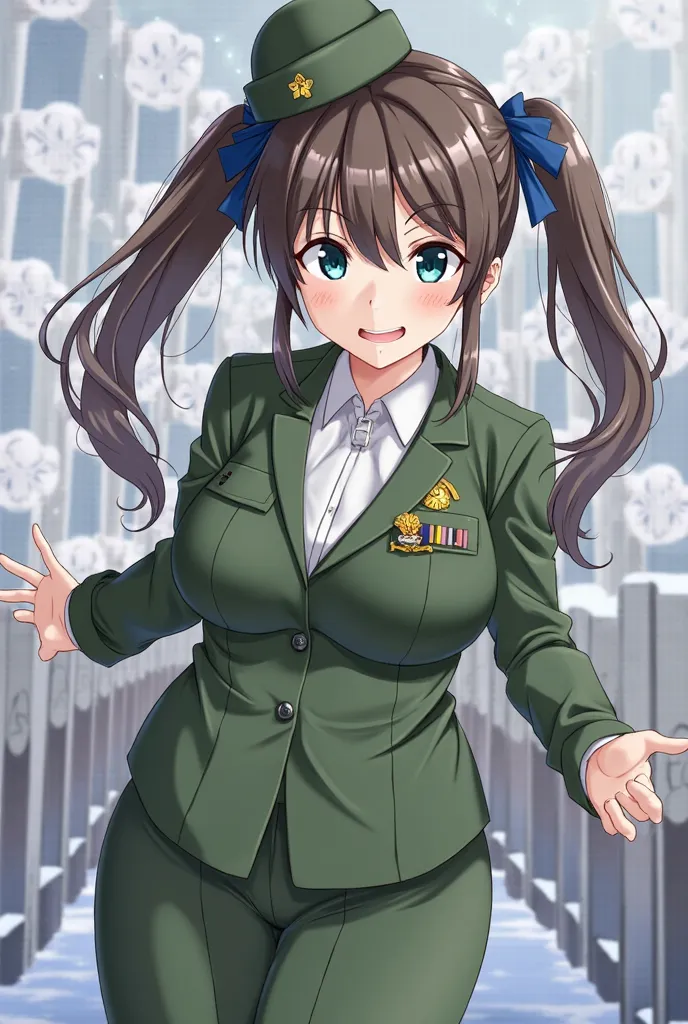 triplets woman sisters army beret uniform,necktie green jacket suit green tight skirt,twoshot green suit army long hair, bangs, blue eyes, black hair, ribbon, hair ribbon, blue ribbon, hair over shoulder, medium breasts,brown hair, brown eyes, large breast...