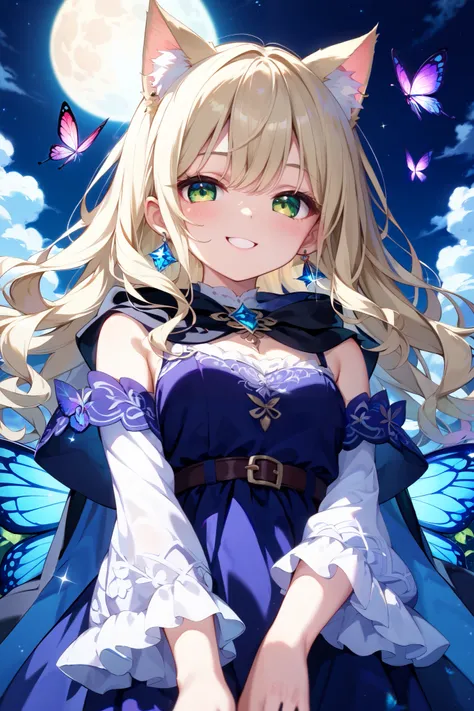 masterpiece、Top Quality、Super Detail、High Resolution、(beautiful girl、Cat ears、 Witch、Cute Face、 platinum blonde hair、green eyes、Black Cloak、earrings、Detachable Sleeves、sleeveless)、moonlight、night、Fairy Forest 1.4、Butterflies flying around、(soft smile)、anim...