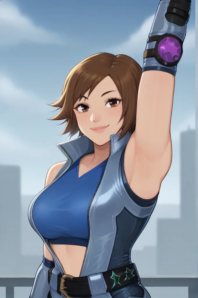 kazama asuka, brown hair, short hair, brown eyes, blue jumpsuit, sports bra, blue bra, sleeveless, collarbone, navel, stomach, unzipped, belt, fingerless gloves, elbow gloves, purple elbow pads, short shorts, blue-purple boots, shin guards, score_9, score_...