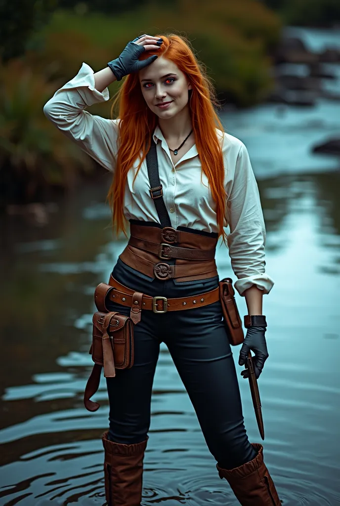 This image depicts a medieval fantasy 28 years old female with an impish smile. Dungeons and dragons' rogue standing in shallow, water. She has long, flowing ginger hair and wears a rugged outfit consisting of a loose white shirt, black leather pants, and ...