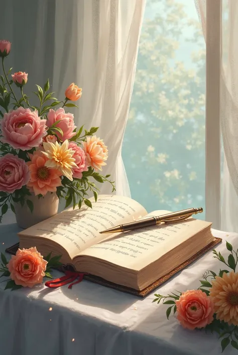 An image with a pen and a book with flowers and may God be there 