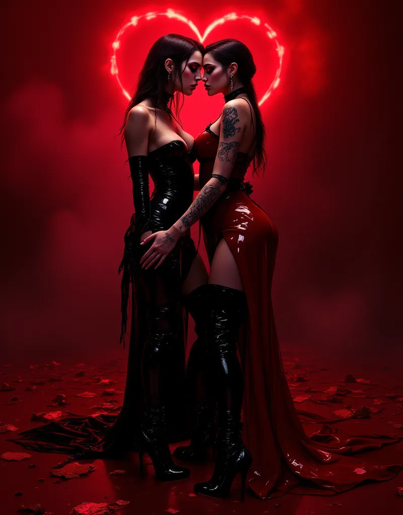 hyper-realistic digital painting, fashion scene inspired by Tim Burton and David Bowers, lover with a torn heart, shiny latex outfit in deep red and black, girl-shaped boots with very high stiletto heels, aggressive makeup palette, lurid tattoos, anatomica...