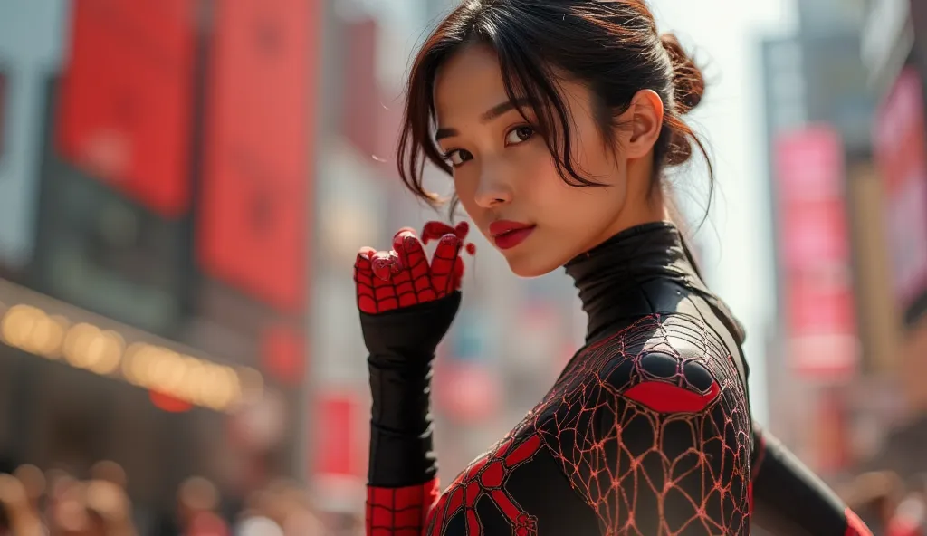 araffed woman in a spider - man suit posing for a picture, ( ( spiderwoman ) ), spider woman, spiderwoman!!!!!, spiderwoman!!, lara croft as spiderwoman, alena aenami and artgerm, in style of marvel, portrait of spiderman, portrait shot, closeup shot, in s...