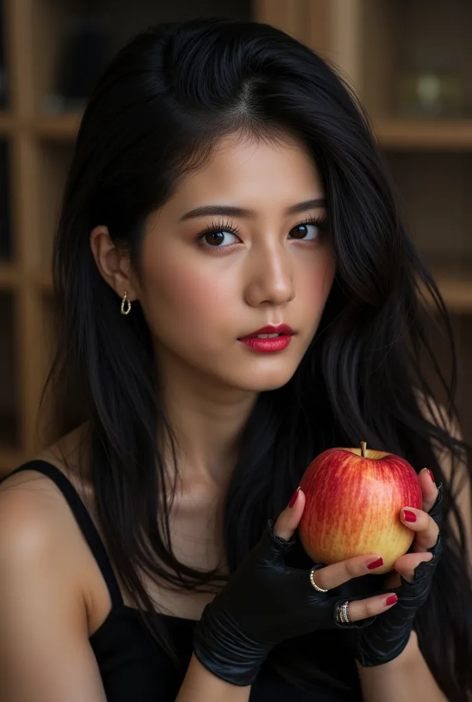 mature woman、,long black hair，Black Queen ，accessories，Apple in hand ，Poisoned Apple，Queen ，red lipstick