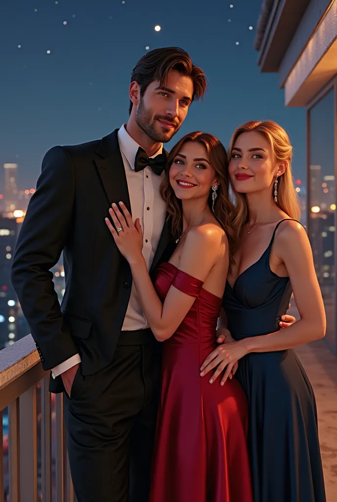 realistic photo of three couples together; 1 couple the male is tall, muscular build, with short brown hair, blue eyes, thin brown scruff, pale skin, wearing a black and white traditional tuxedo, the woman he is with has long brown hair, light tan skin, sl...