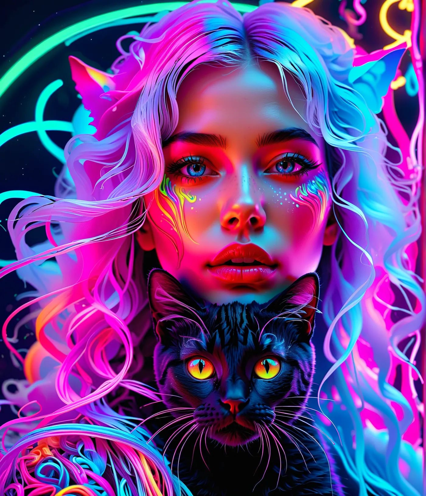 masterpiece, best quality, very detailed, surreal,  Neon Light Effects , digital painting depicting the face of a woman holding a black cat, Super Detailed Facial:1.1, Cool neon colors, vector art,  Psychedelic Art,  intricate neon circuit pattern , Avatar...