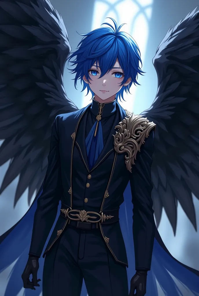 masterpiece, best quality,  super detailed,  Anime Boy, blue hair clothes, blue eyes,  black crow wings, Armadura preta, black clothes,  black pants.
