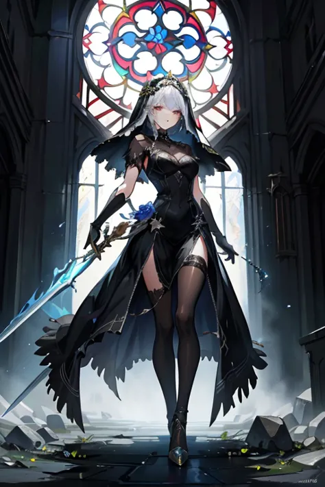 Dark Fantasy、masterpiece、Top Quality、Dark Souls、Dark worldview、 A woman in a black dress wields a sword、 White Shortcuts 、Beautiful Features、sexy lips、Red Eyes、detailed depiction、 Luxury Black Dress 、for ceremonial use、 armed 、black veil、 Flower Decoration...