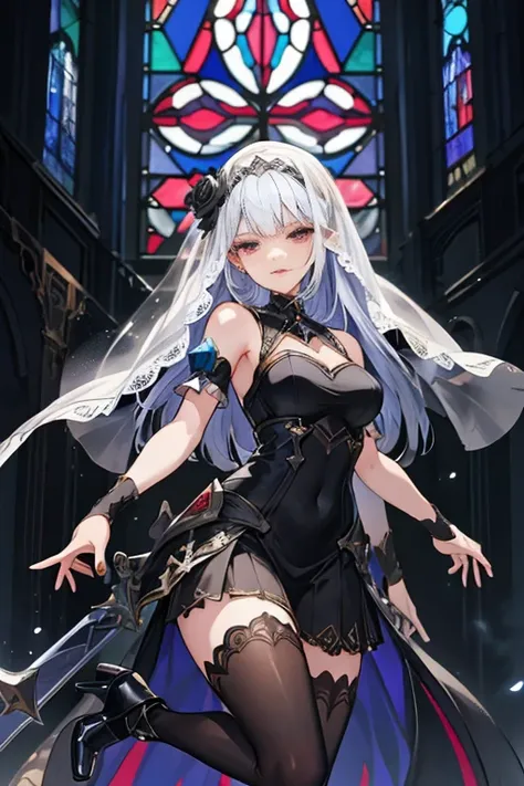 Dark Fantasy、masterpiece、Top Quality、Dark Souls、Dark worldview、 A woman in a black dress wields a sword、 White Shortcuts 、Beautiful Features、sexy lips、Red Eyes、detailed depiction、 Luxury Black Dress 、for ceremonial use、 armed 、black veil、 Flower Decoration...