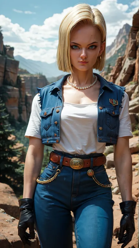 score_9,score_8_up,score_7_up,score_9,score_8_up,score_8,ultra detailed,beautiful face,highres BREAK Android18SDXL,1girl,solo,short hair,blue eyes,blonde hair,gloves,jewelry,earrings,black gloves,belt,pants,necklace,vest,denim,jeans,pearl necklace,high-wai...