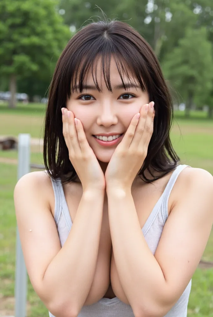 high resolution photo of a young Japanese woman hiding and grabbing her own breasts with both hands, photo-realistic, realistic, masterpiece, best quality, complicated details, very detailed, sharp concentration, professional lighting, Alone,  1 girl, smil...