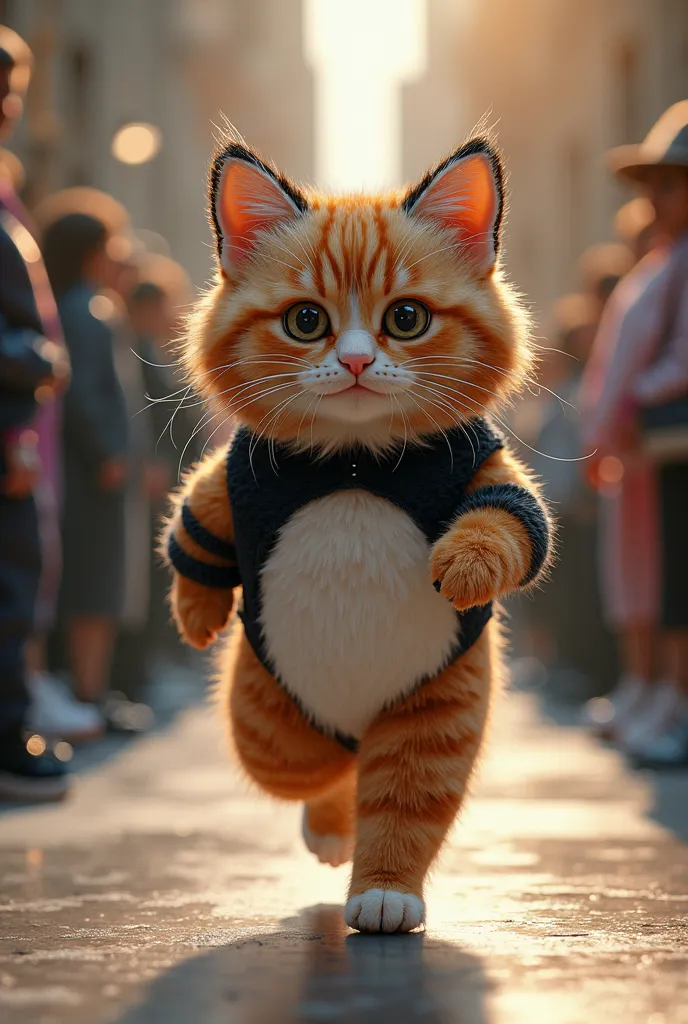 (photorealism:1.2), cute ginger cat, wear panda clothes, walking on runway