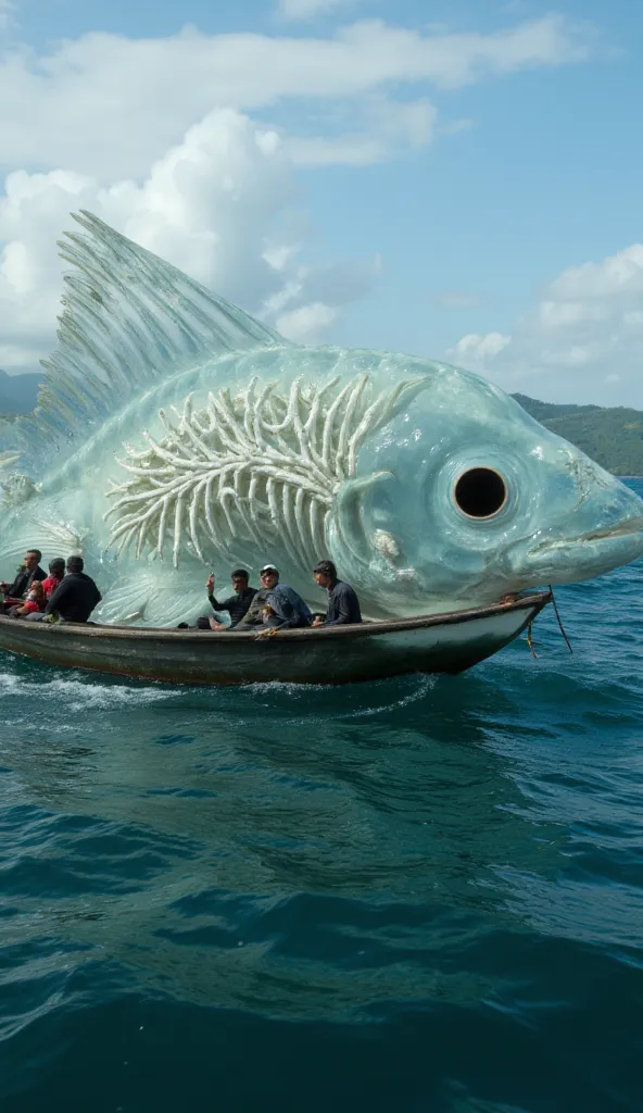 A translucent serpent fish with an exposed backbone and twisted bones that move as if they have a life of their own. Its eyes are bottomless black holes, and its skin appears to evaporate when exposed to air. fishermen in a large boat