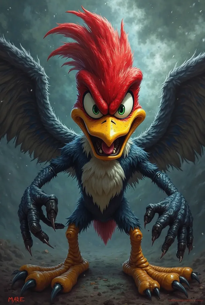 Create an aggressive version of the Woody Woodpecker cartoon character