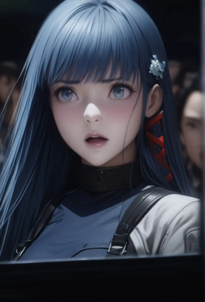 high quality, 4K, 8k, realistic, professional, Extreme detail, realisticな写真, Special Effects, Blue Hair, long hair,  popup, hair accessories, Red Ribbons, hair accessories, bungs, Women&#39;s combat uniform,  collar , ecstatic expression, High Reg, Brainwa...