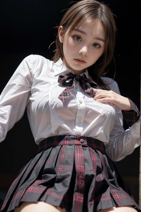 ( top quality, masterpiece, 16k, very well detailed 、 beautiful skin , professional lighting ) 、black background、black background、cute、 black ground,cute girl、(((Japanese girl,black eyes))) 、small breasts、((( 18-years-old,bob hair、 dress shirt、ribbon、赤 pla...