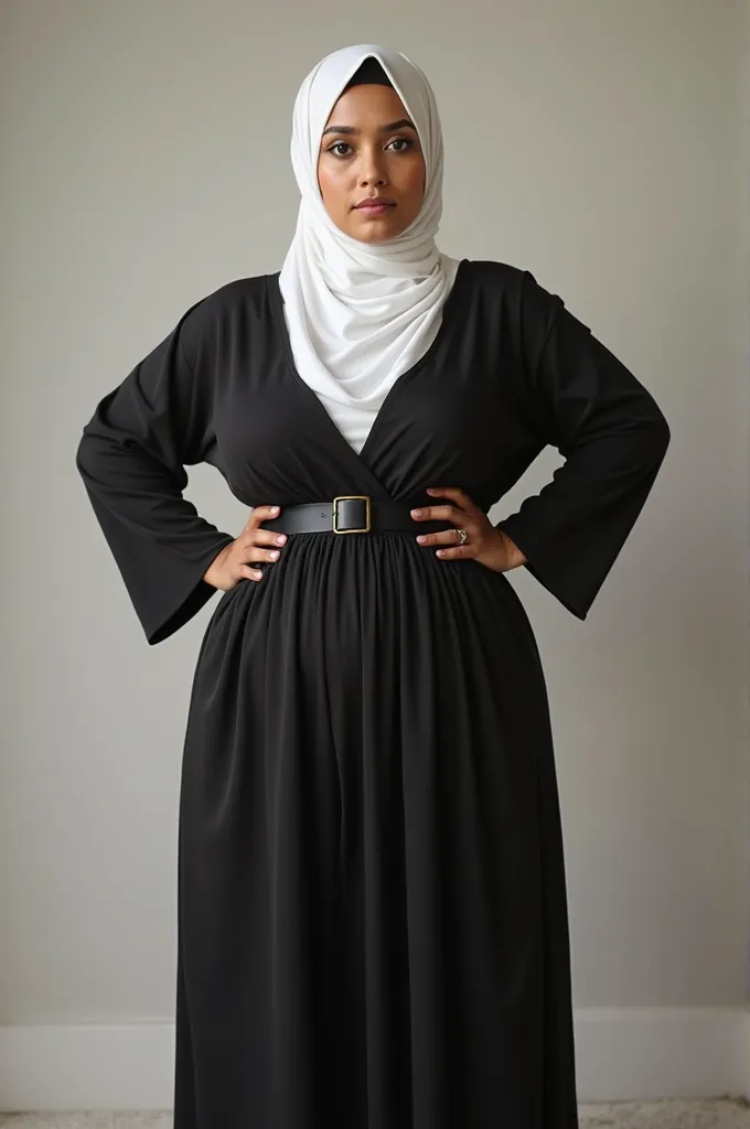 Real photos High-quality Realistic of a woman wearing white hijab, black very tight abaya, tight belt around her waist(((very big thighs, very big extra large breast, very big tummy ))) , Best Quality standing ,arms up exposing armpits, full body showing, ...