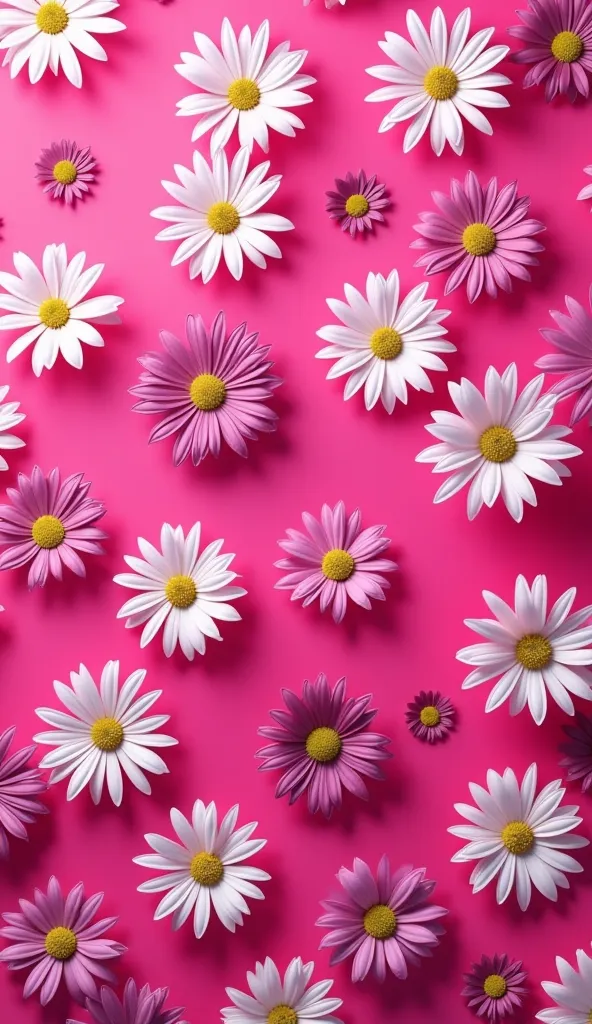  many maroon and white  and purple and pink pale daisy flowers  pattern on hot pink background